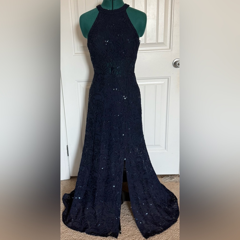 Morgan & Co. Navy Halter Lace Prom Gown